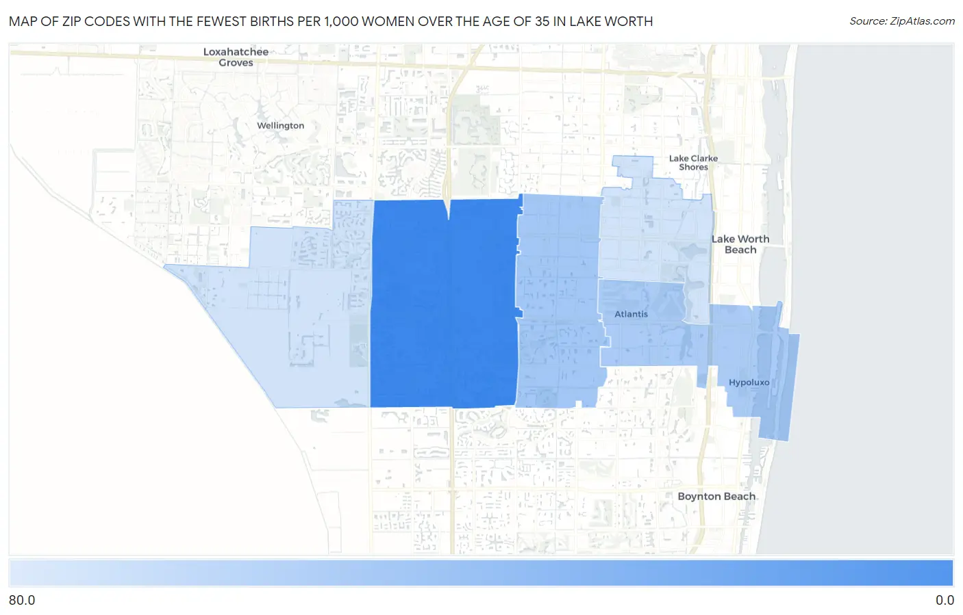 Zip Codes with the Fewest Births per 1,000 Women Over the Age of 35 in Lake Worth Map