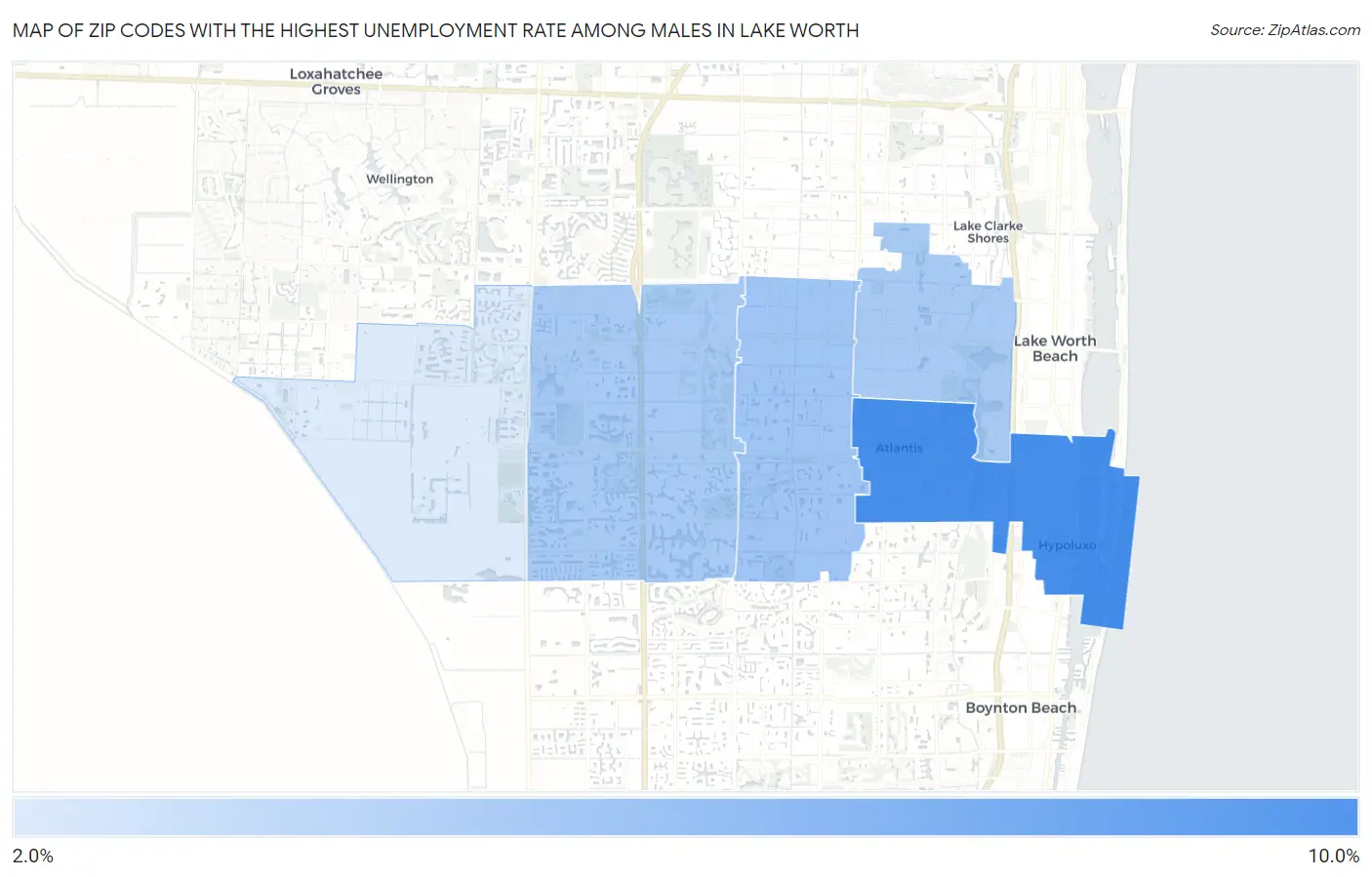 Zip Codes with the Highest Unemployment Rate Among Males in Lake Worth Map