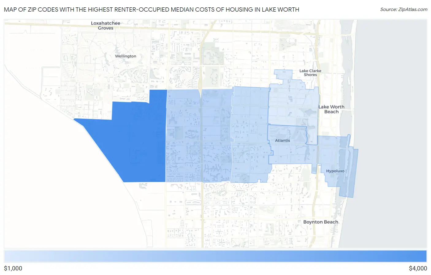 Zip Codes with the Highest Renter-Occupied Median Costs of Housing in Lake Worth Map