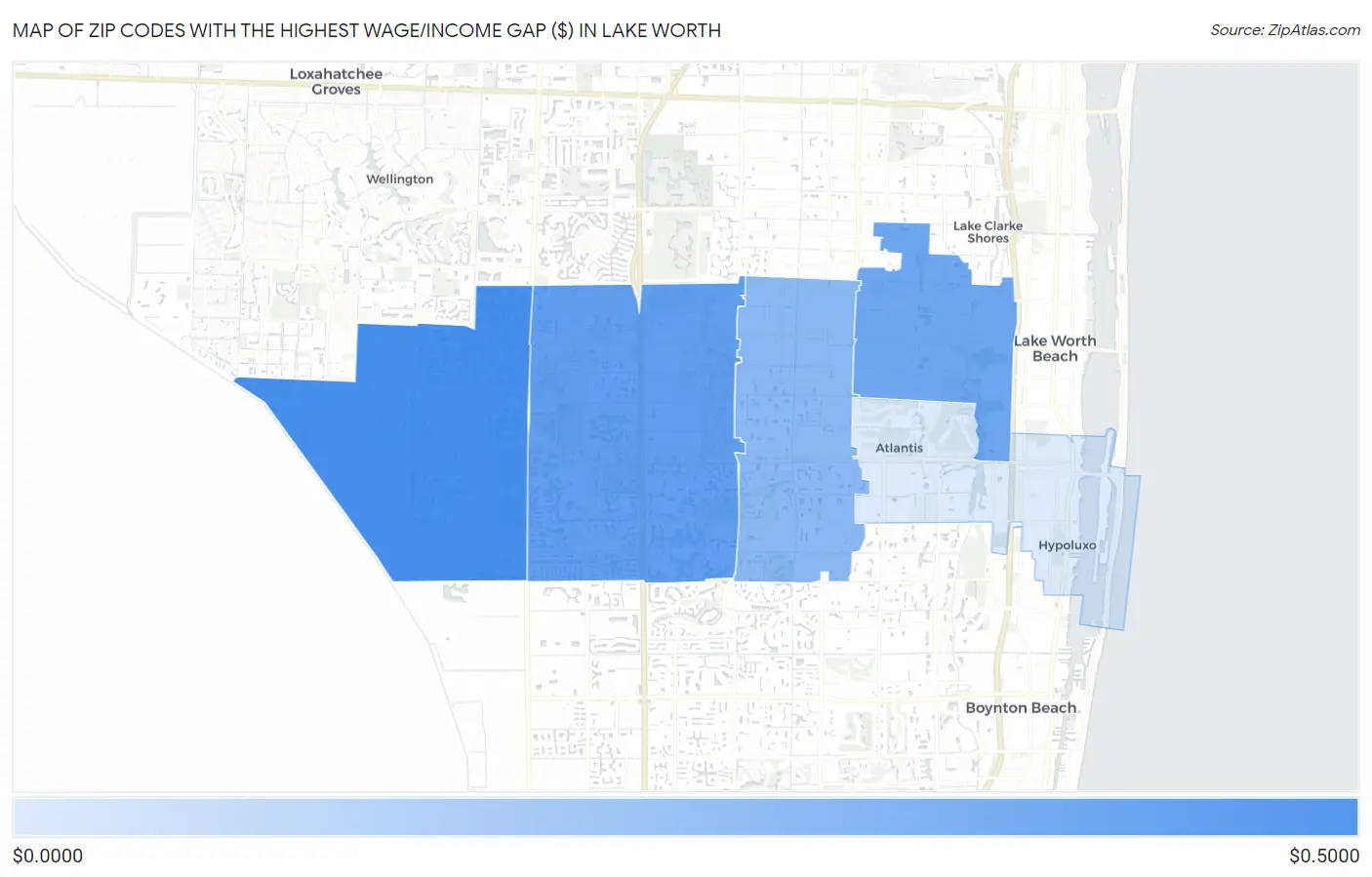 Zip Codes with the Highest Wage/Income Gap ($) in Lake Worth Map