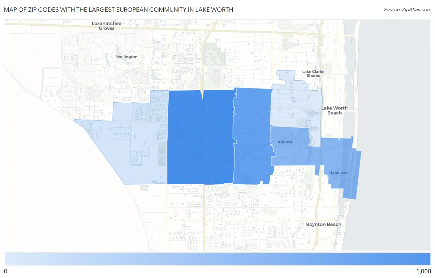 Zip Codes with the Largest European Community in Lake Worth Map