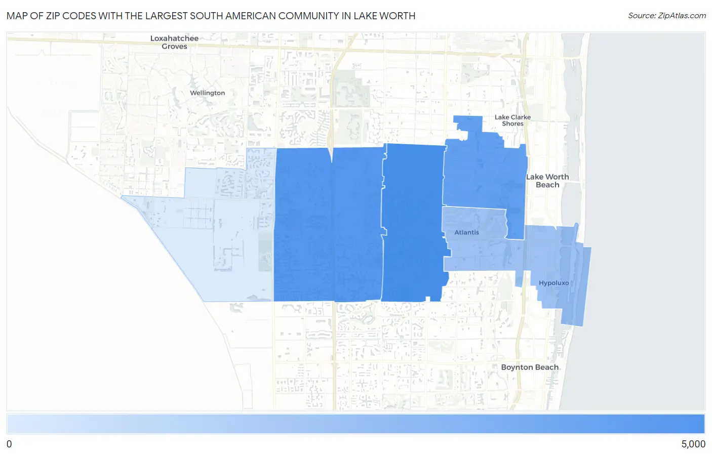 Zip Codes with the Largest South American Community in Lake Worth Map