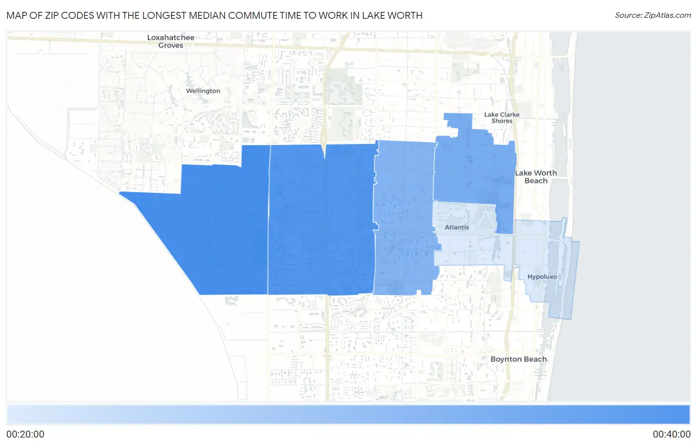 Zip Codes with the Longest Median Commute Time to Work in Lake Worth Map