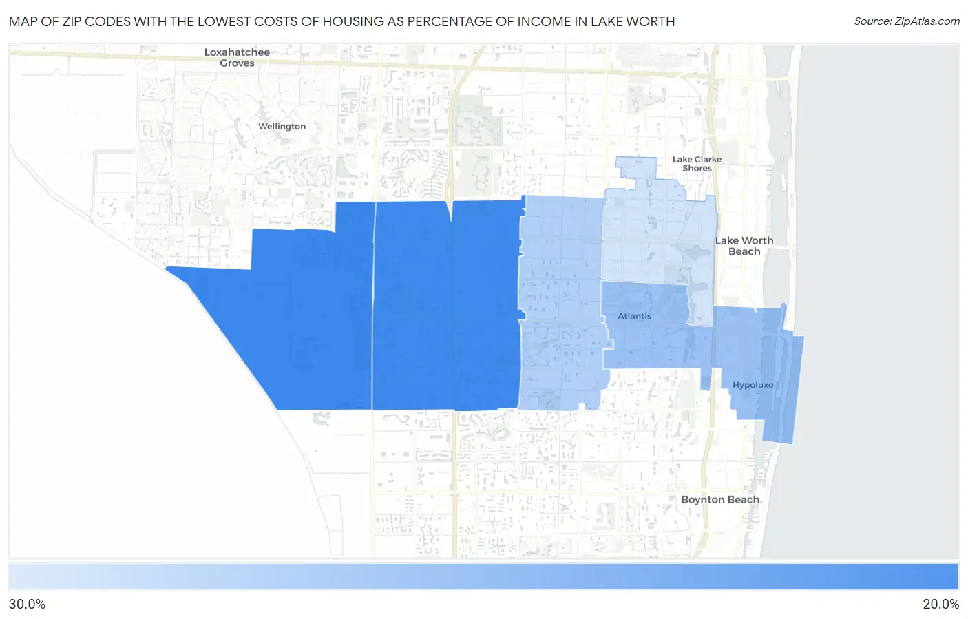 Zip Codes with the Lowest Costs of Housing as Percentage of Income in Lake Worth Map