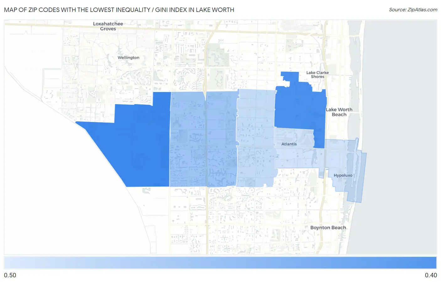 Zip Codes with the Lowest Inequality / Gini Index in Lake Worth Map