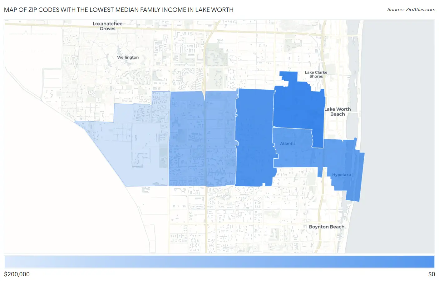 Zip Codes with the Lowest Median Family Income in Lake Worth Map