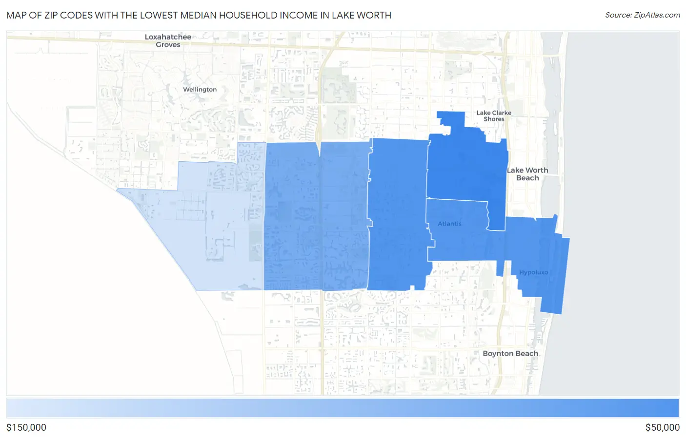 Zip Codes with the Lowest Median Household Income in Lake Worth Map