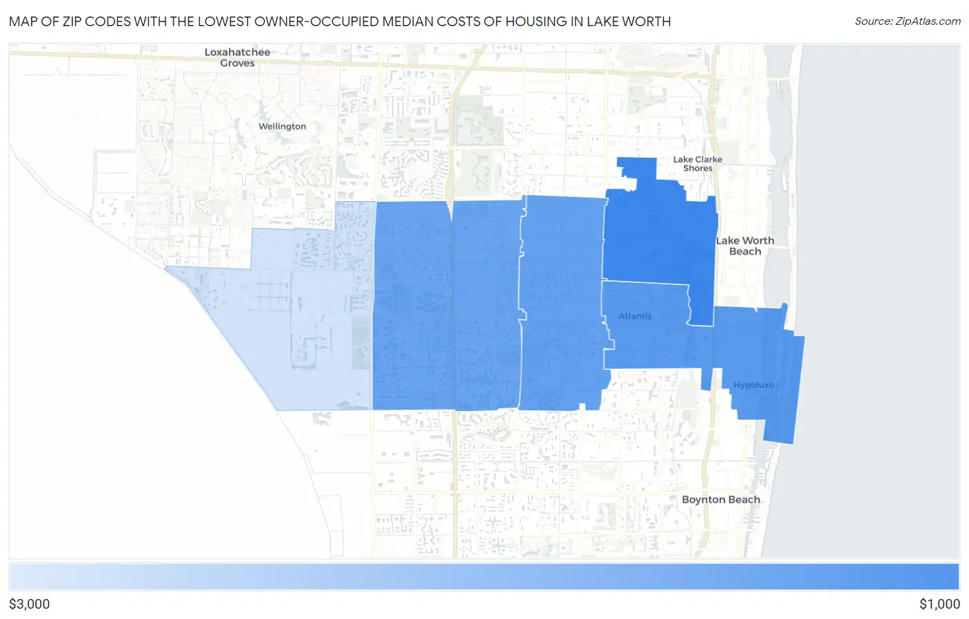 Zip Codes with the Lowest Owner-Occupied Median Costs of Housing in Lake Worth Map