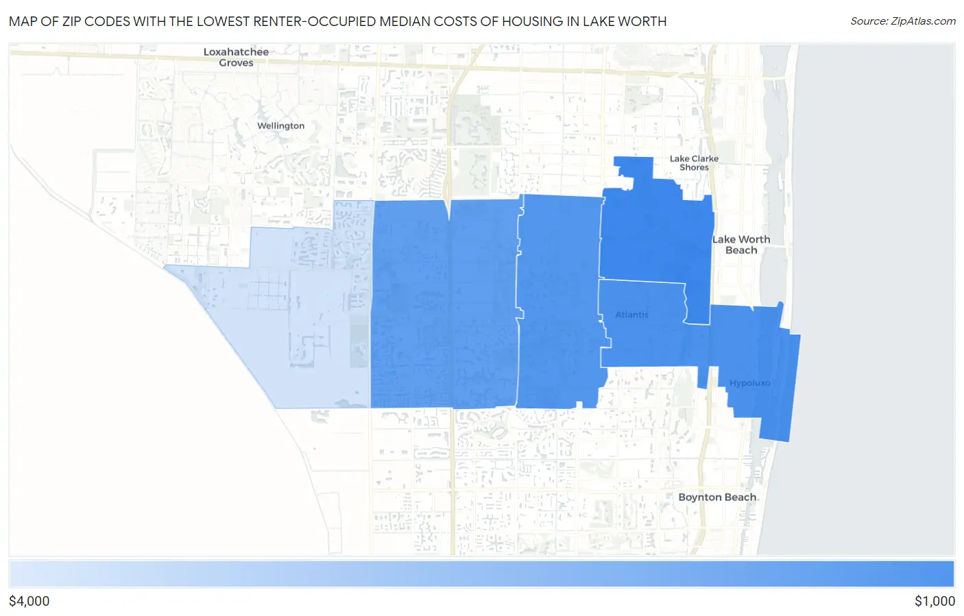 Zip Codes with the Lowest Renter-Occupied Median Costs of Housing in Lake Worth Map