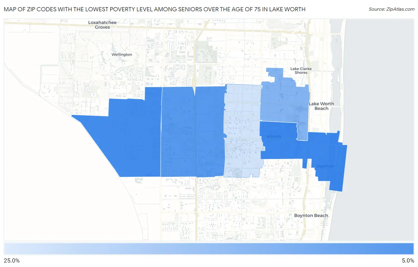 Zip Codes with the Lowest Poverty Level Among Seniors Over the Age of 75 in Lake Worth Map