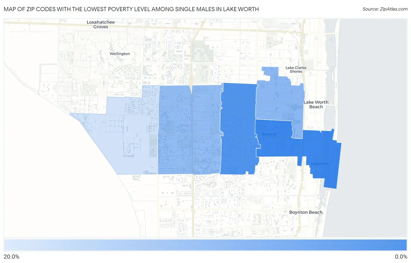 Zip Codes with the Lowest Poverty Level Among Single Males in Lake Worth Map