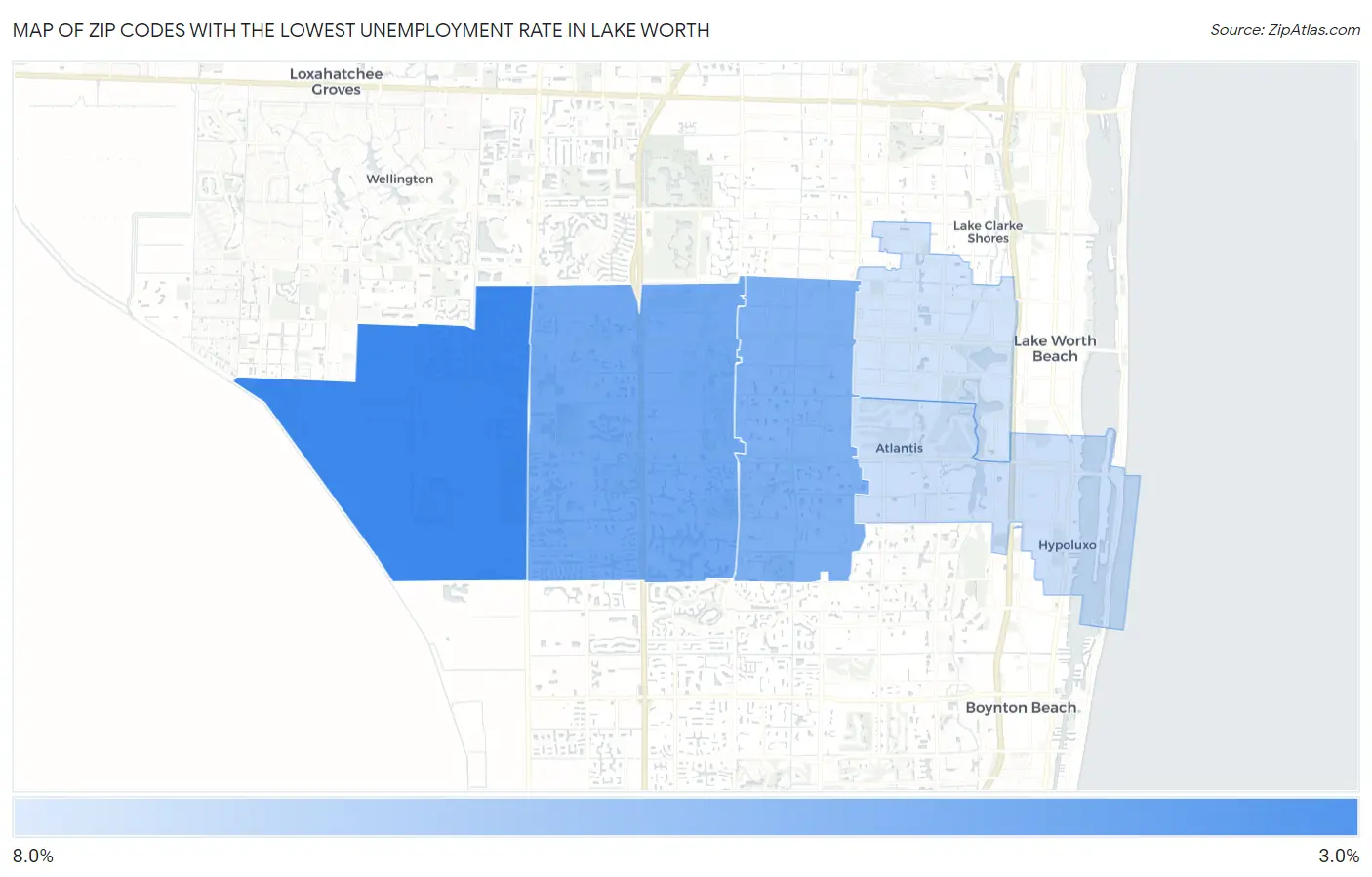 Zip Codes with the Lowest Unemployment Rate in Lake Worth Map