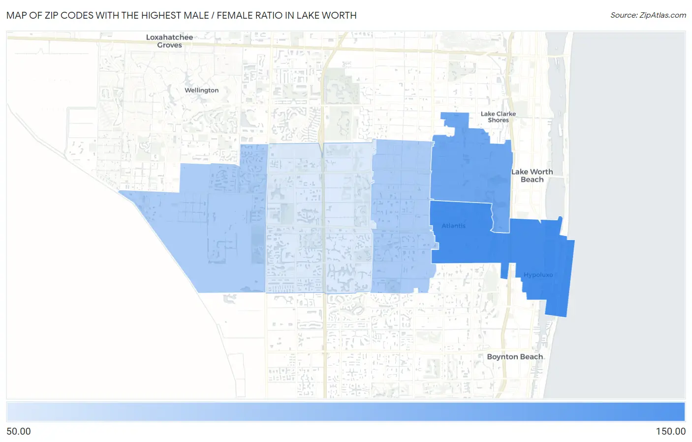 Zip Codes with the Highest Male / Female Ratio in Lake Worth Map