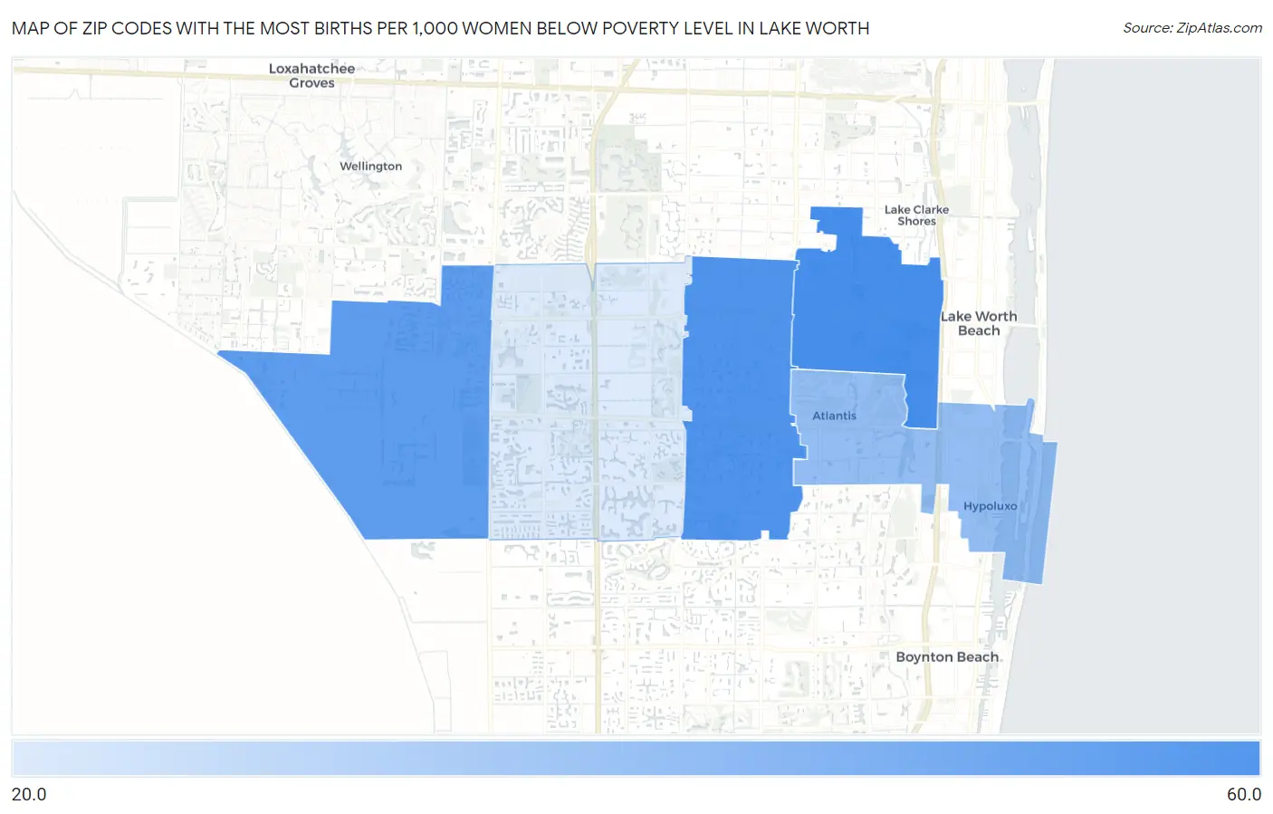 Zip Codes with the Most Births per 1,000 Women Below Poverty Level in Lake Worth Map