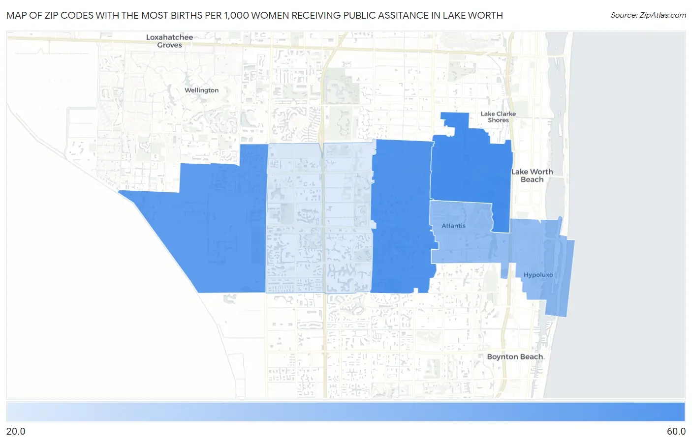 Zip Codes with the Most Births per 1,000 Women Receiving Public Assitance in Lake Worth Map