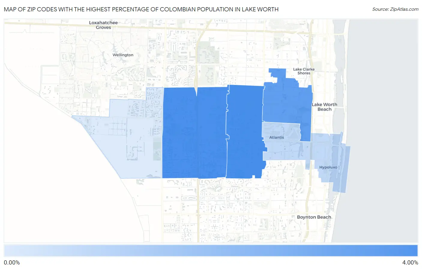 Zip Codes with the Highest Percentage of Colombian Population in Lake Worth Map