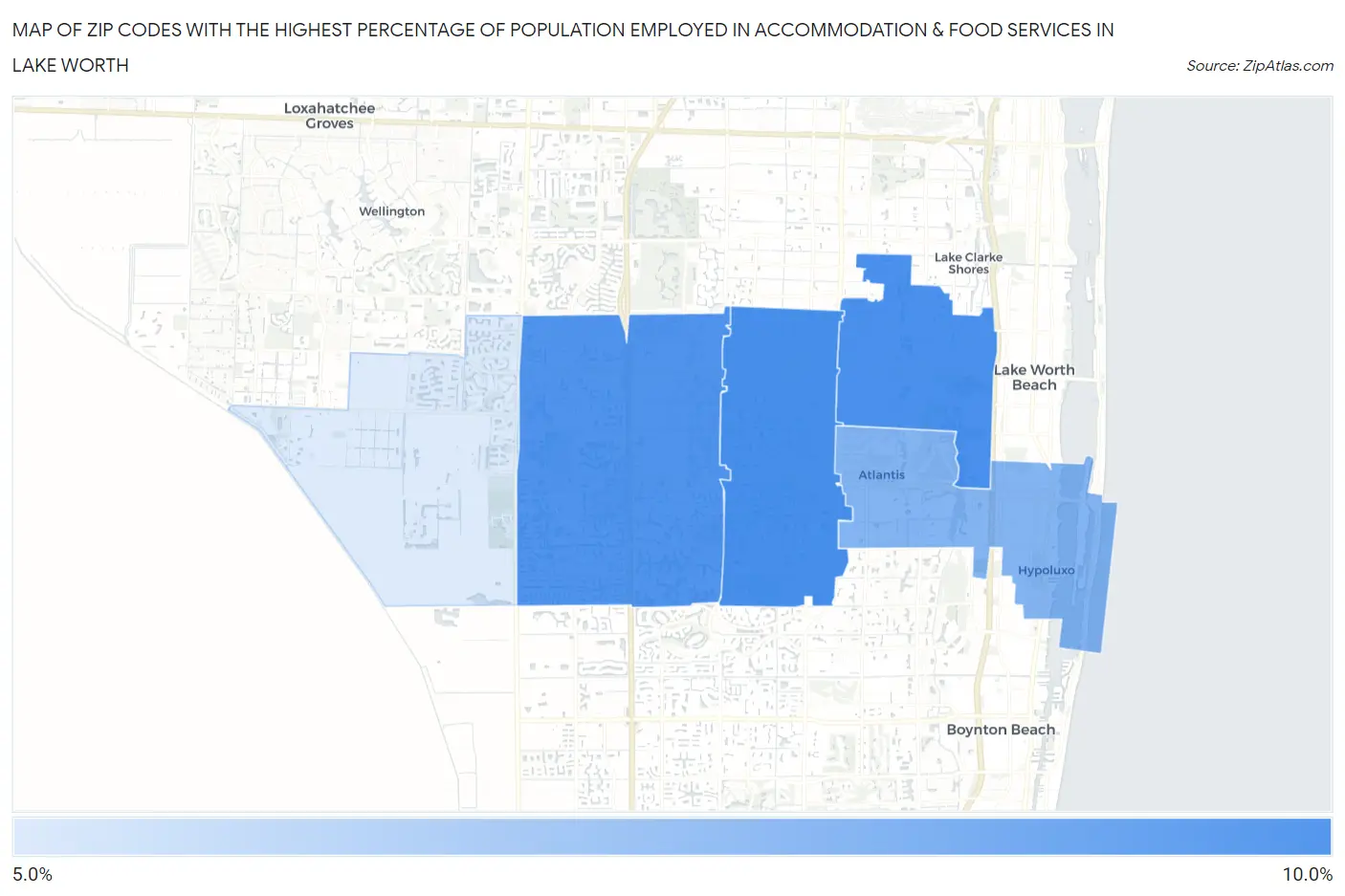 Zip Codes with the Highest Percentage of Population Employed in Accommodation & Food Services in Lake Worth Map