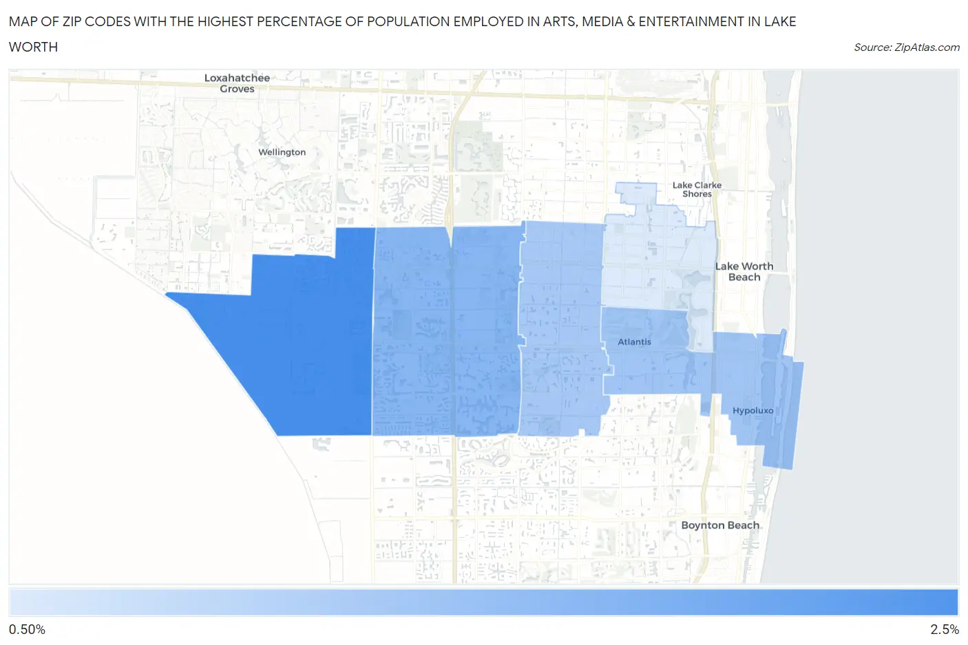 Zip Codes with the Highest Percentage of Population Employed in Arts, Media & Entertainment in Lake Worth Map