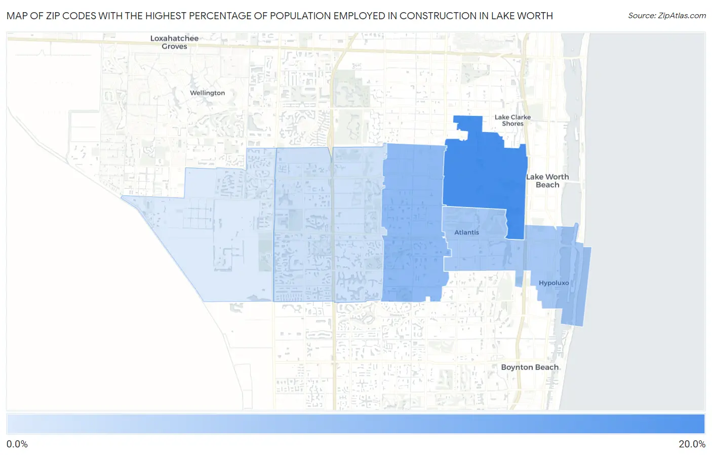 Zip Codes with the Highest Percentage of Population Employed in Construction in Lake Worth Map