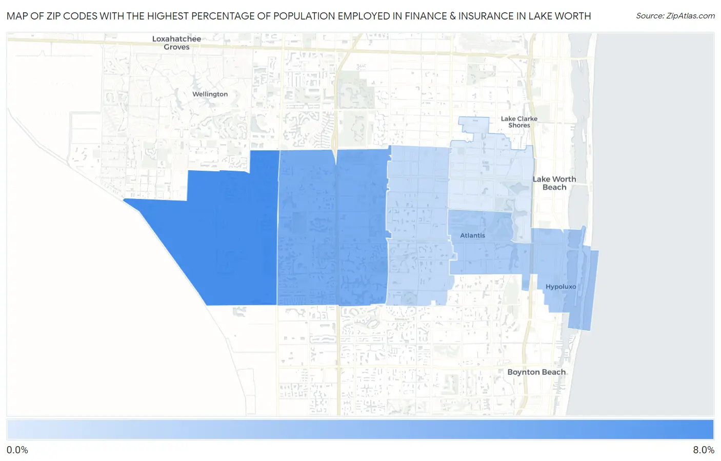 Zip Codes with the Highest Percentage of Population Employed in Finance & Insurance in Lake Worth Map