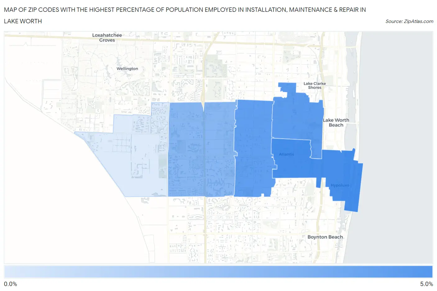 Zip Codes with the Highest Percentage of Population Employed in Installation, Maintenance & Repair in Lake Worth Map