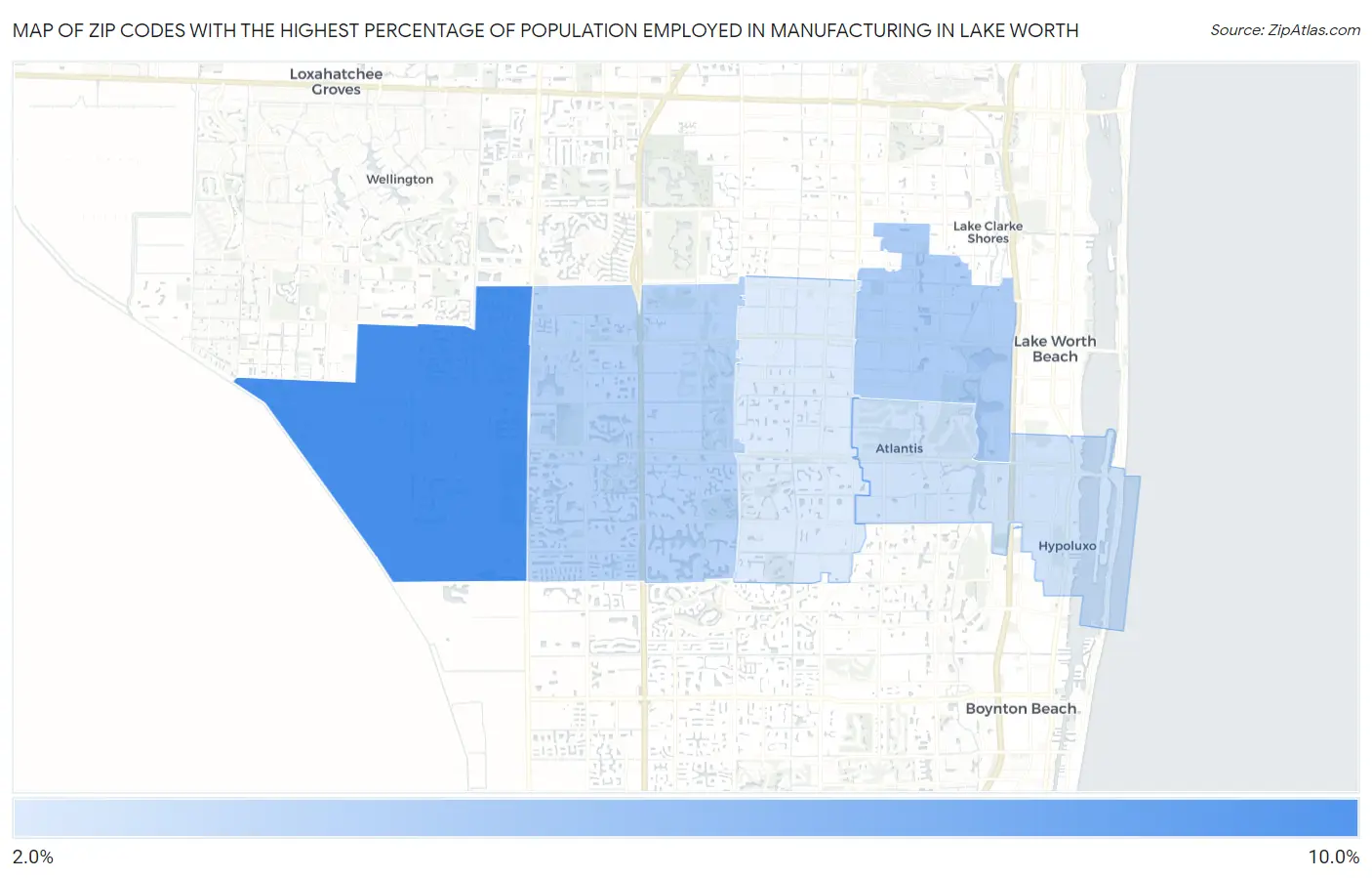 Zip Codes with the Highest Percentage of Population Employed in Manufacturing in Lake Worth Map