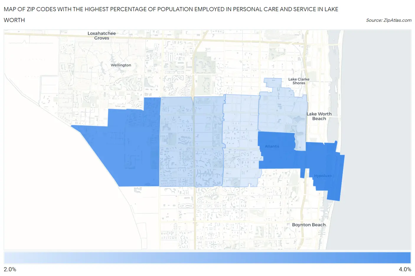 Zip Codes with the Highest Percentage of Population Employed in Personal Care and Service in Lake Worth Map