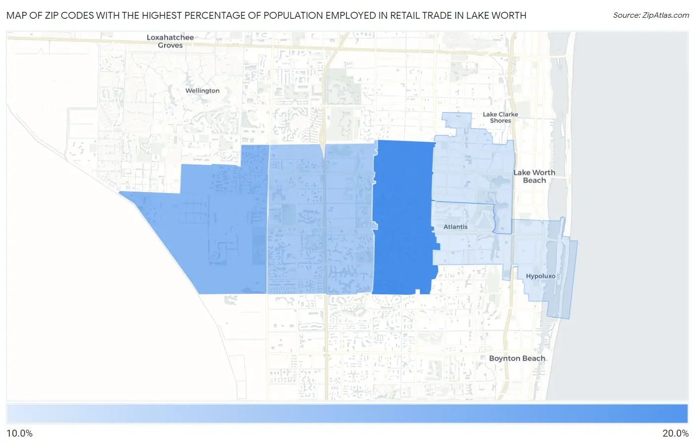 Zip Codes with the Highest Percentage of Population Employed in Retail Trade in Lake Worth Map
