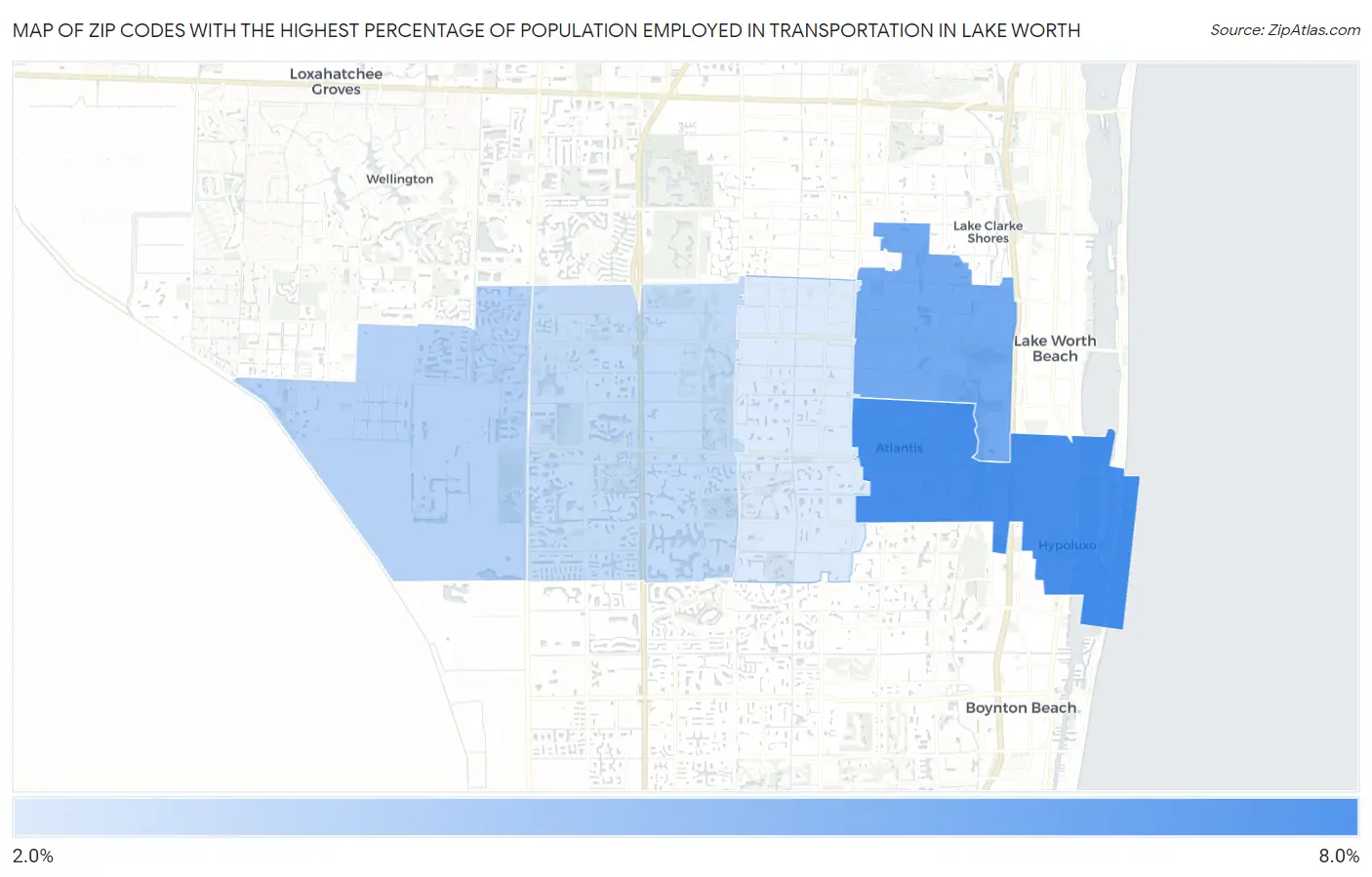 Zip Codes with the Highest Percentage of Population Employed in Transportation in Lake Worth Map