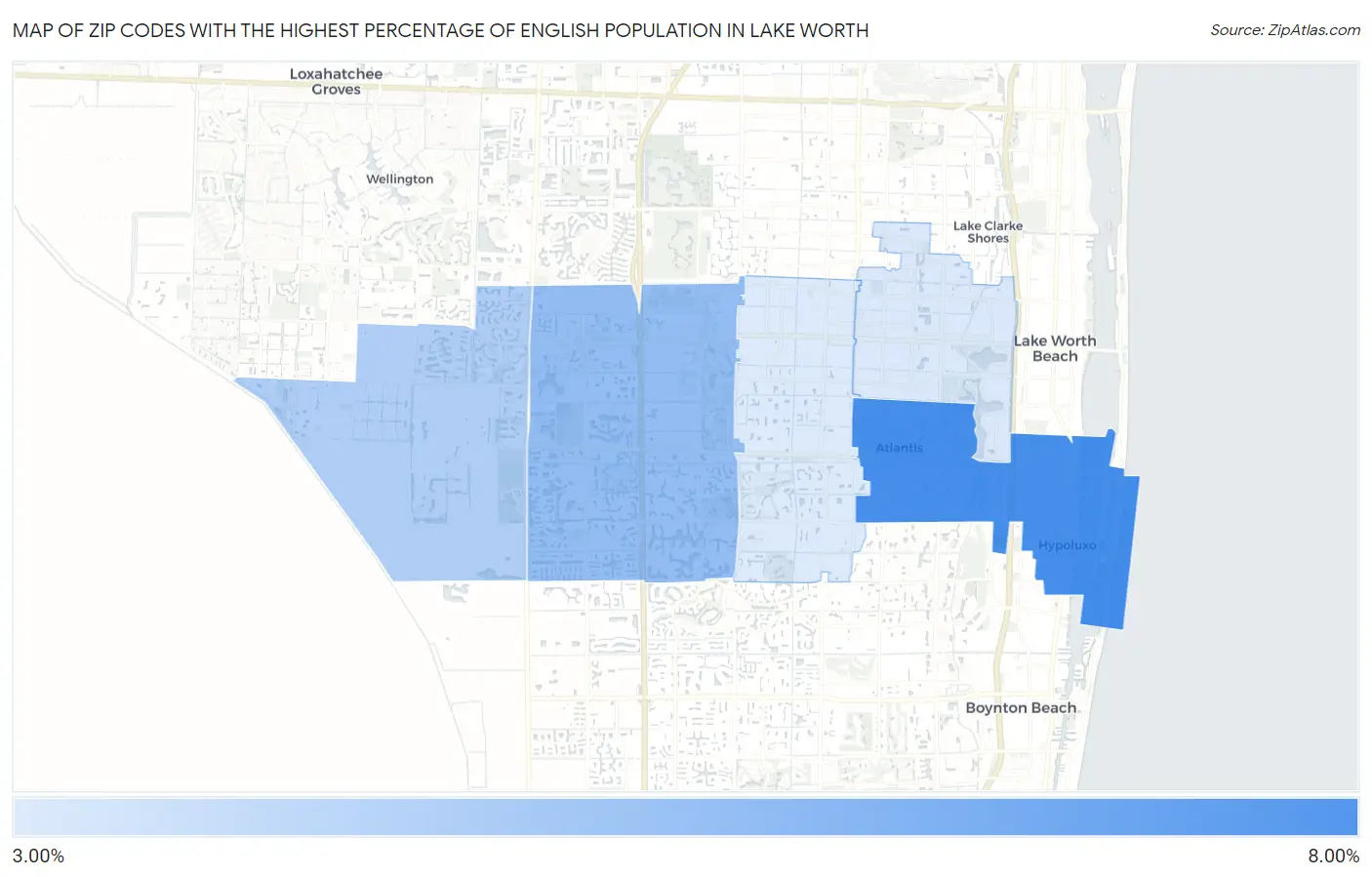 Zip Codes with the Highest Percentage of English Population in Lake Worth Map