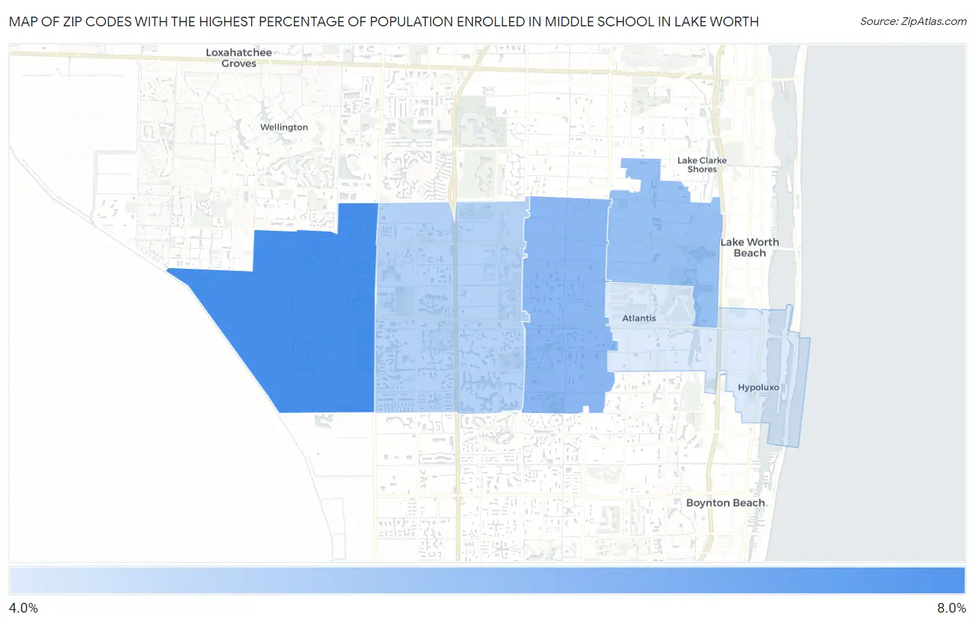 Zip Codes with the Highest Percentage of Population Enrolled in Middle School in Lake Worth Map