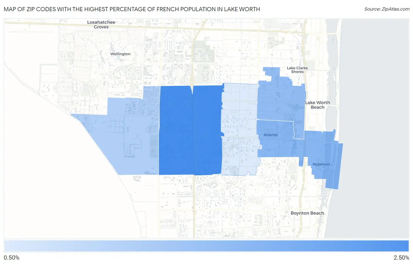 Zip Codes with the Highest Percentage of French Population in Lake Worth Map