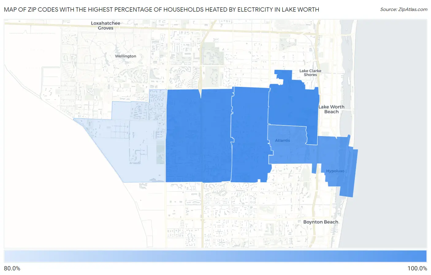Zip Codes with the Highest Percentage of Households Heated by Electricity in Lake Worth Map
