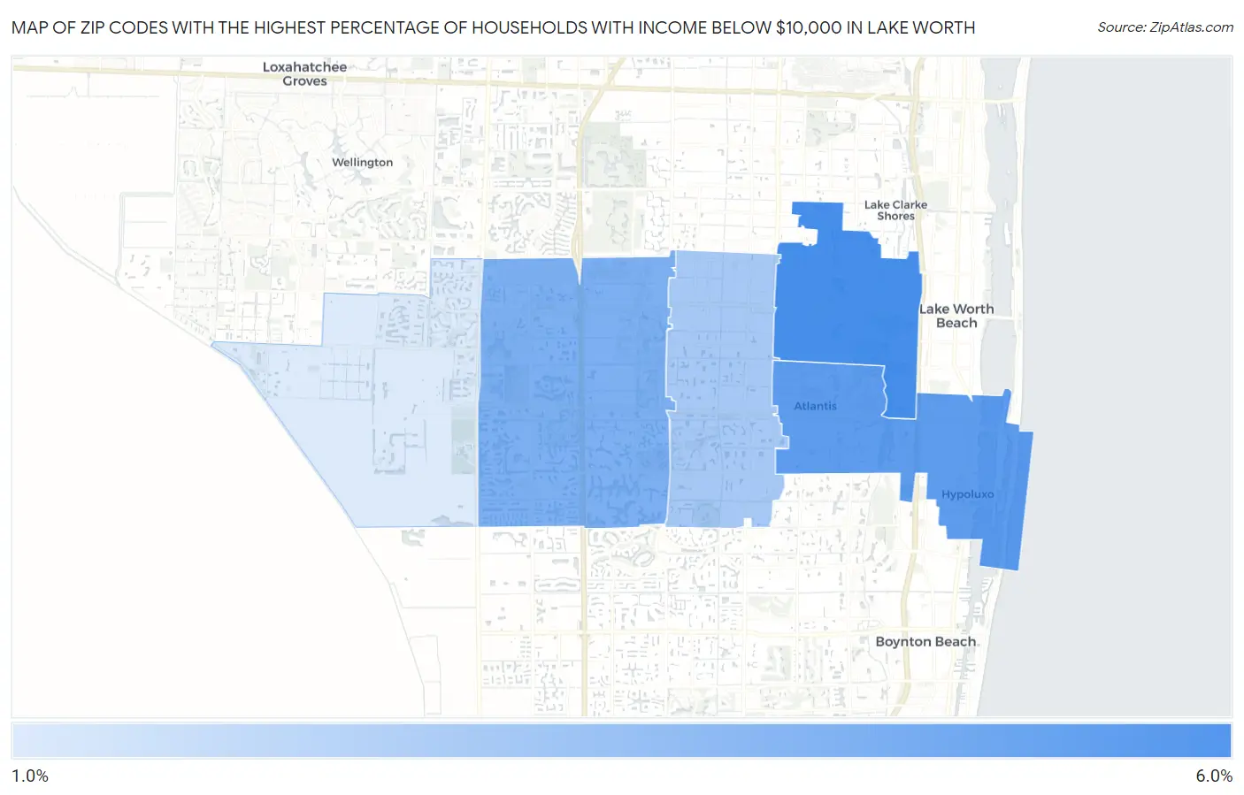 Zip Codes with the Highest Percentage of Households with Income Below $10,000 in Lake Worth Map