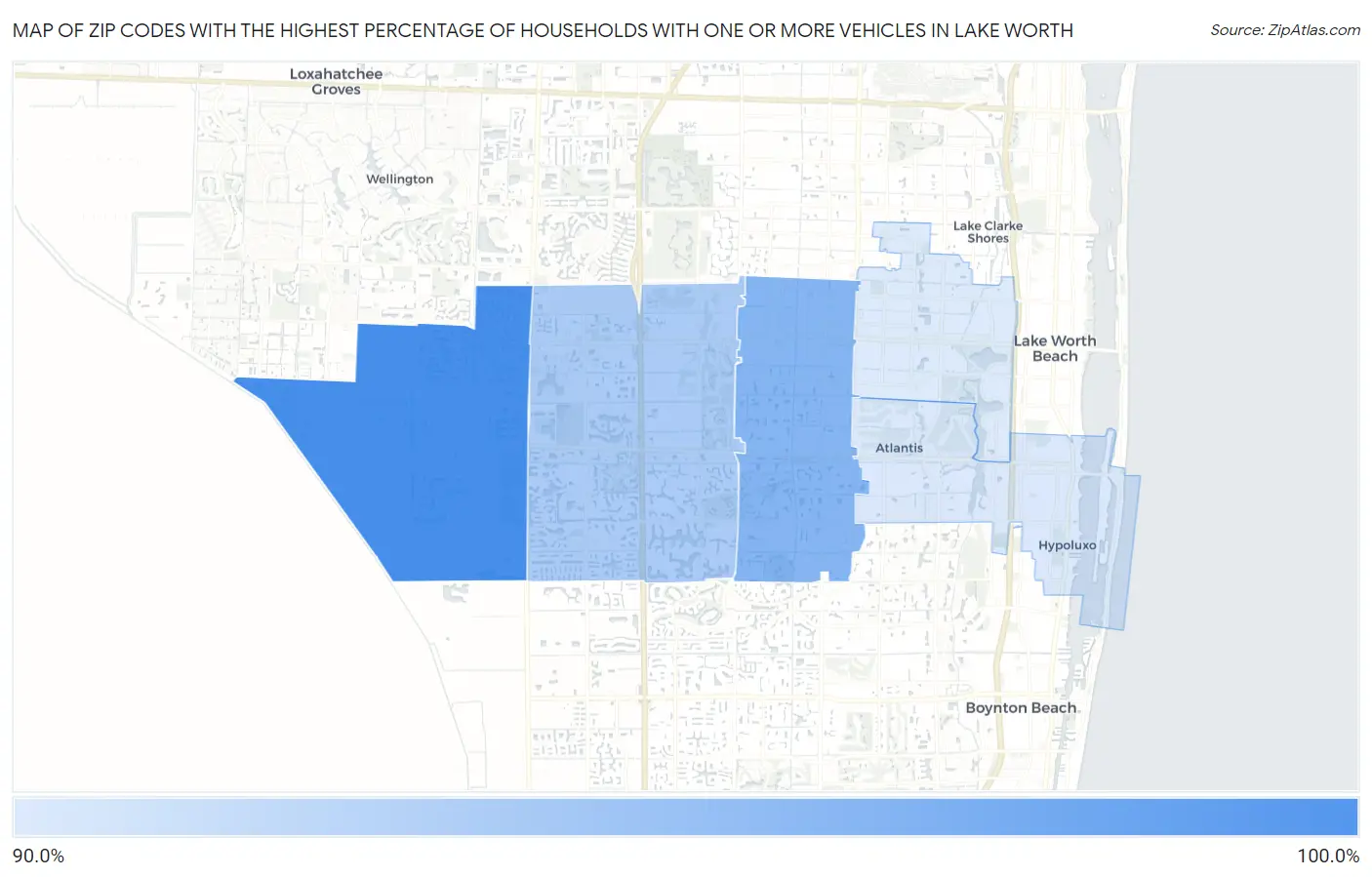 Zip Codes with the Highest Percentage of Households With One or more Vehicles in Lake Worth Map