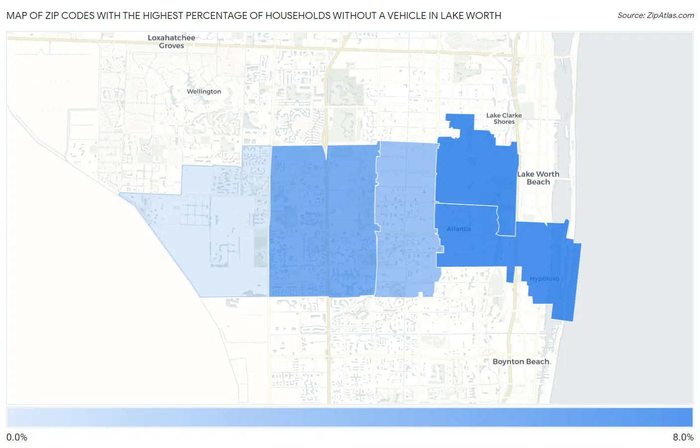 Zip Codes with the Highest Percentage of Households Without a Vehicle in Lake Worth Map