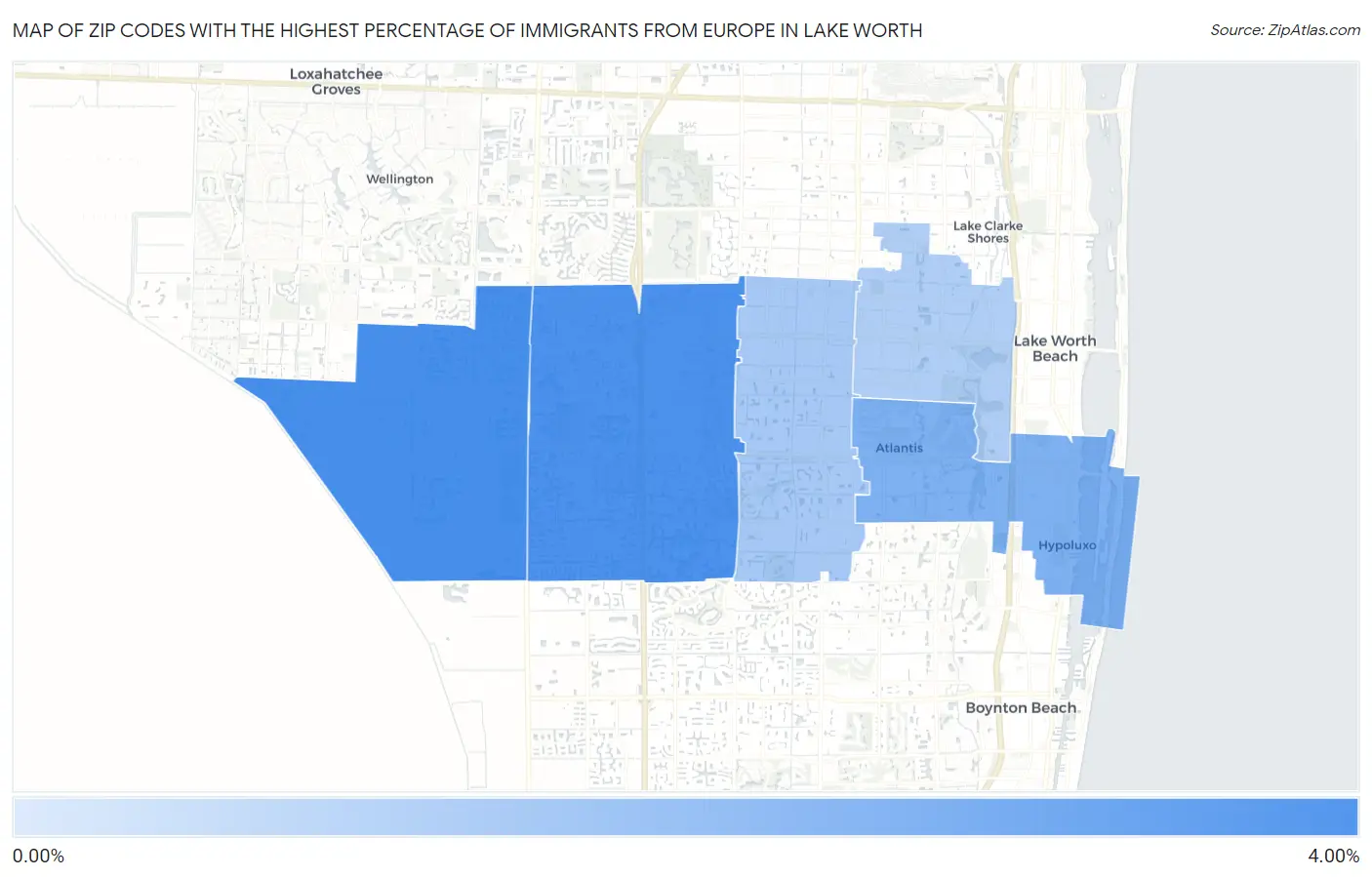 Zip Codes with the Highest Percentage of Immigrants from Europe in Lake Worth Map