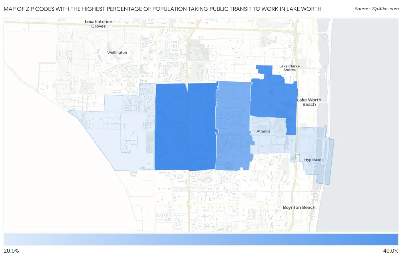 Zip Codes with the Highest Percentage of Population Taking Public Transit to Work in Lake Worth Map