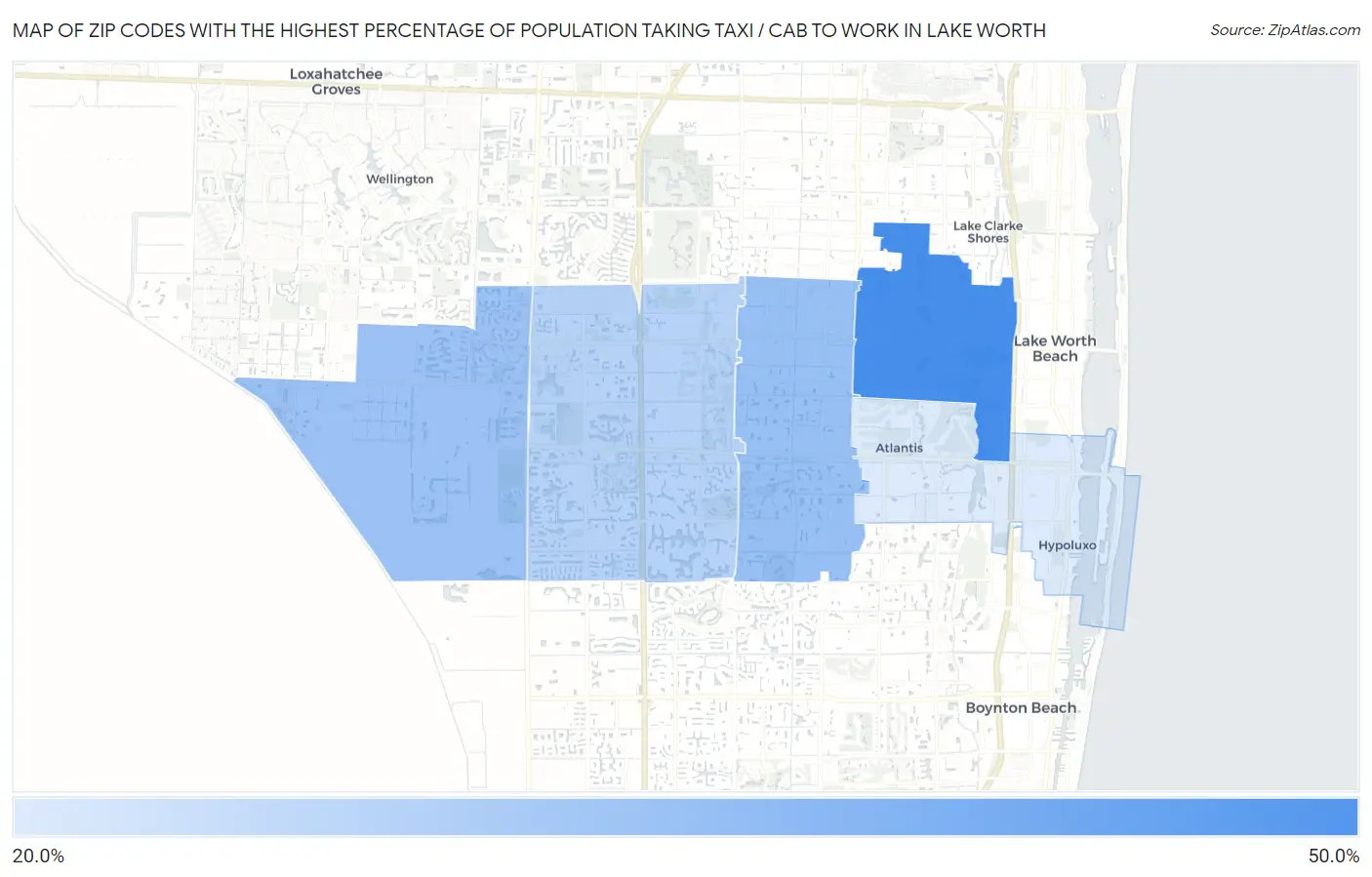 Zip Codes with the Highest Percentage of Population Taking Taxi / Cab to Work in Lake Worth Map