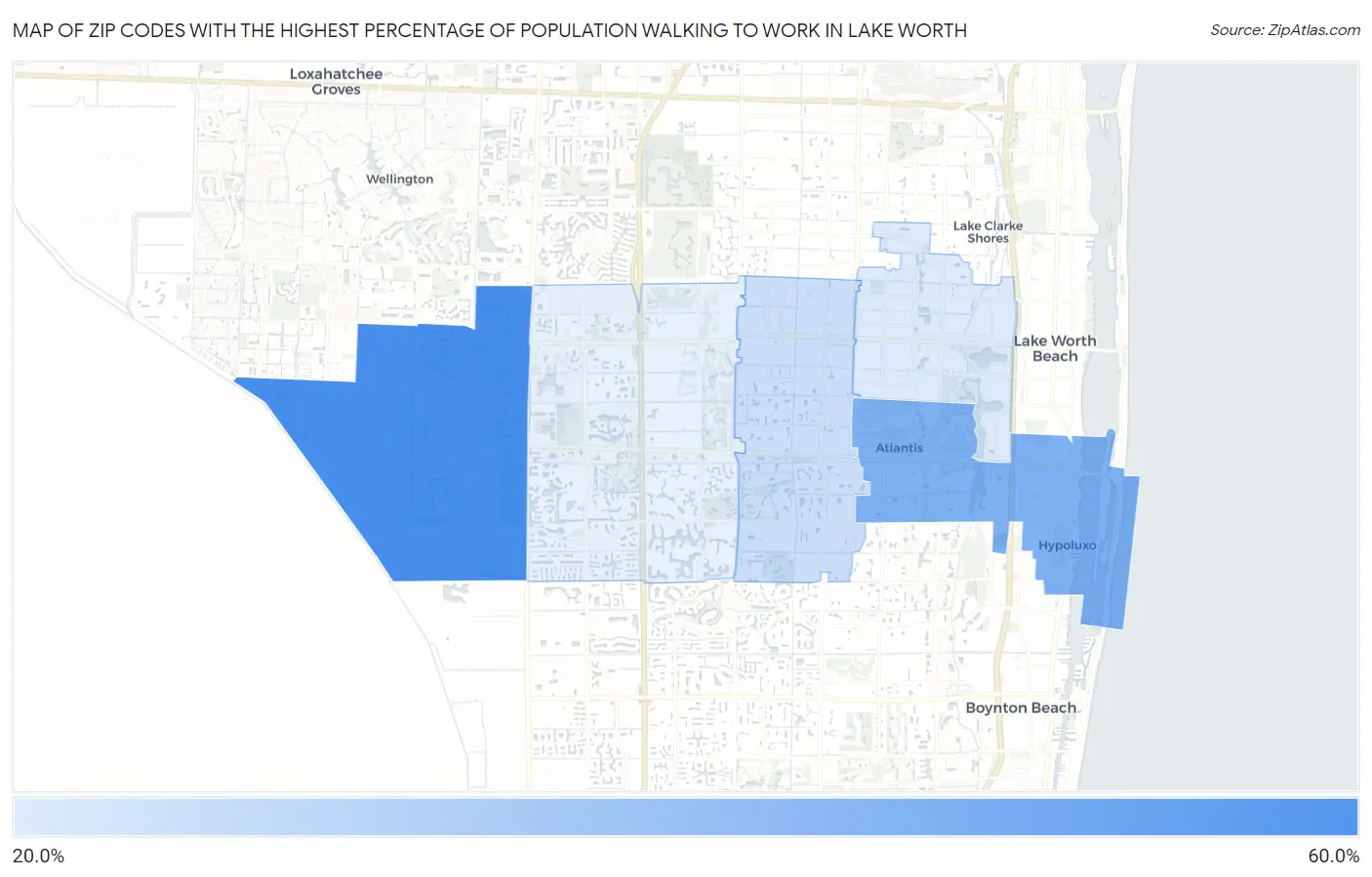 Zip Codes with the Highest Percentage of Population Walking to Work in Lake Worth Map