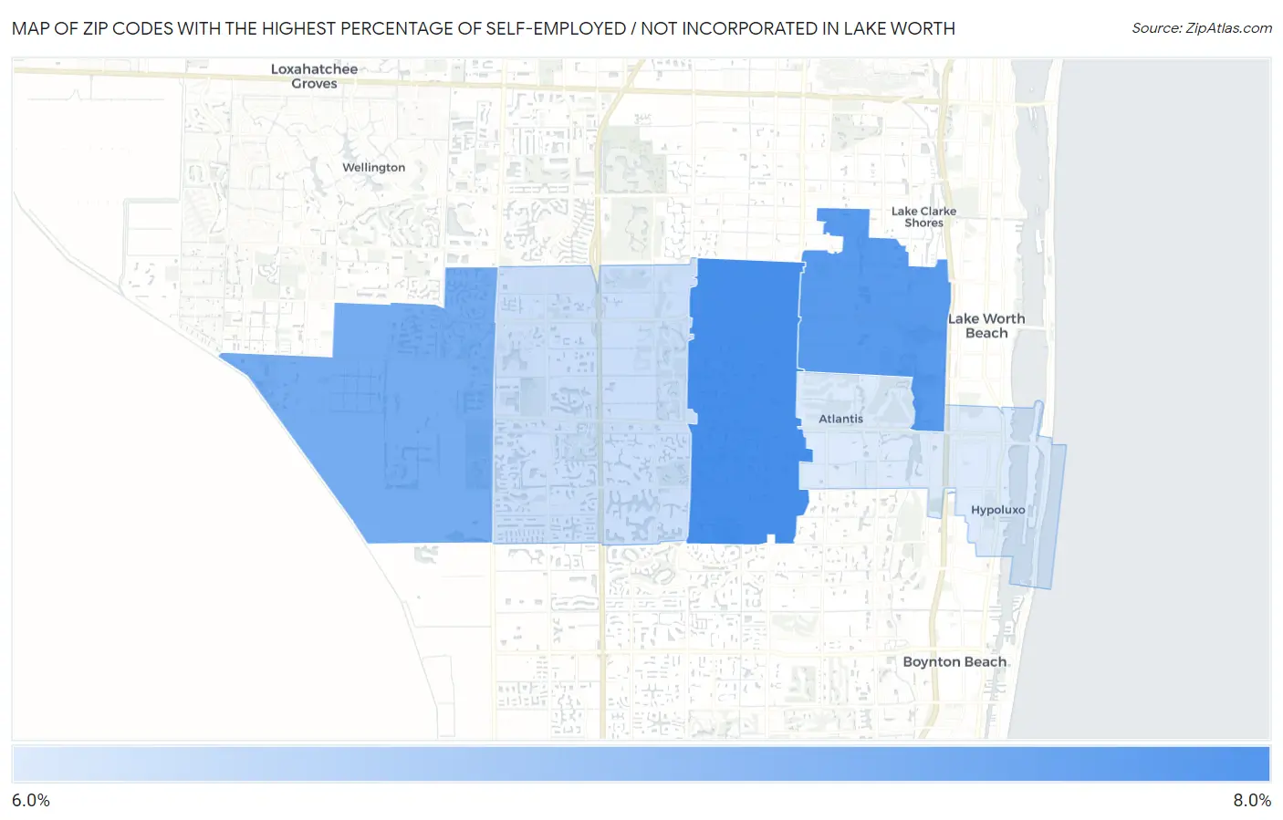 Zip Codes with the Highest Percentage of Self-Employed / Not Incorporated in Lake Worth Map