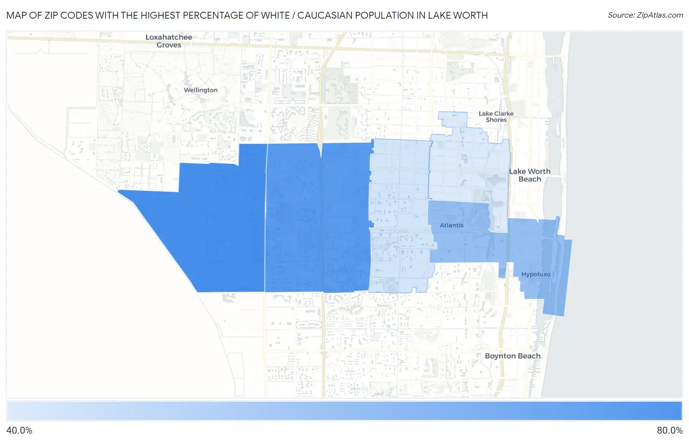 Zip Codes with the Highest Percentage of White / Caucasian Population in Lake Worth Map