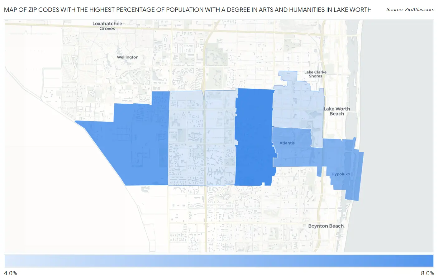 Zip Codes with the Highest Percentage of Population with a Degree in Arts and Humanities in Lake Worth Map