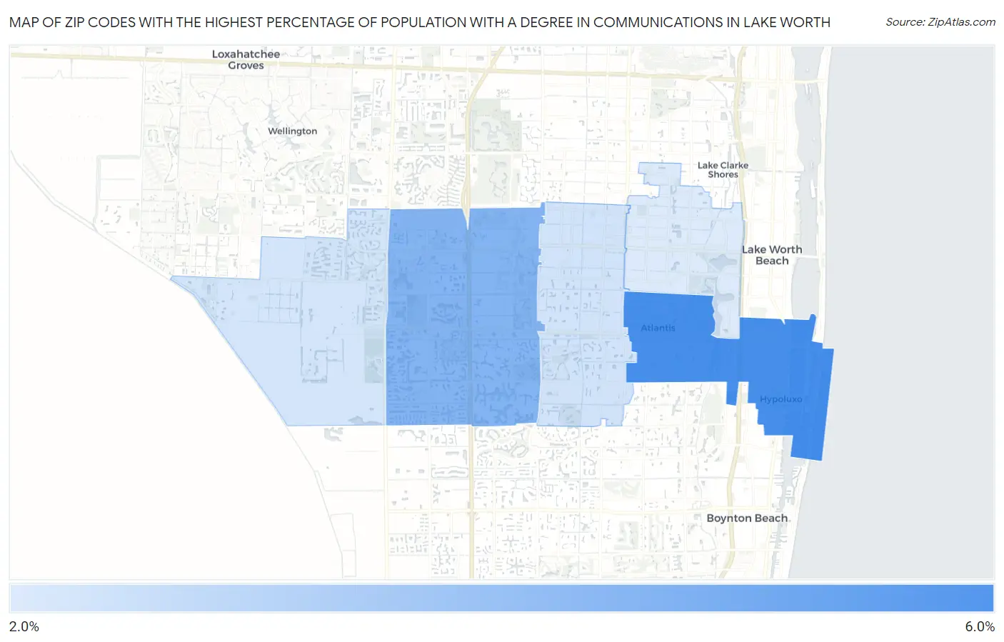 Zip Codes with the Highest Percentage of Population with a Degree in Communications in Lake Worth Map