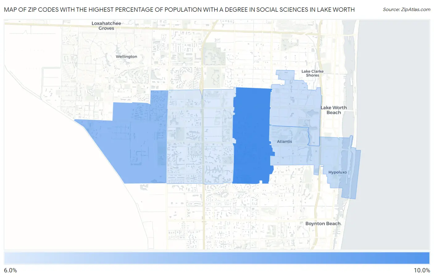 Zip Codes with the Highest Percentage of Population with a Degree in Social Sciences in Lake Worth Map