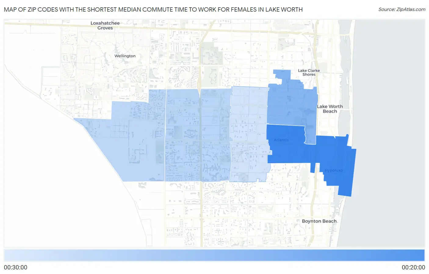 Zip Codes with the Shortest Median Commute Time to Work for Females in Lake Worth Map