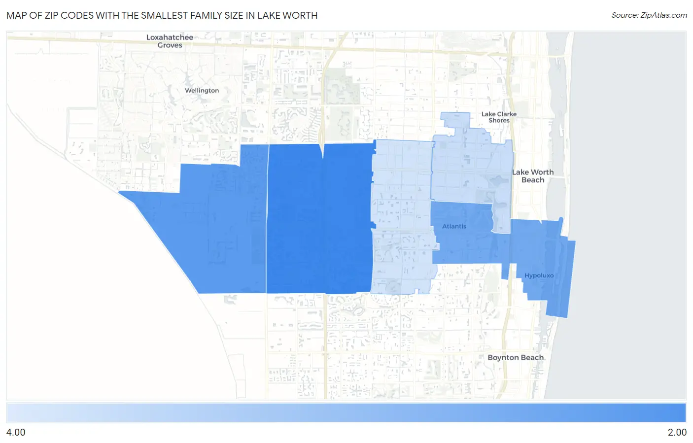 Zip Codes with the Smallest Family Size in Lake Worth Map