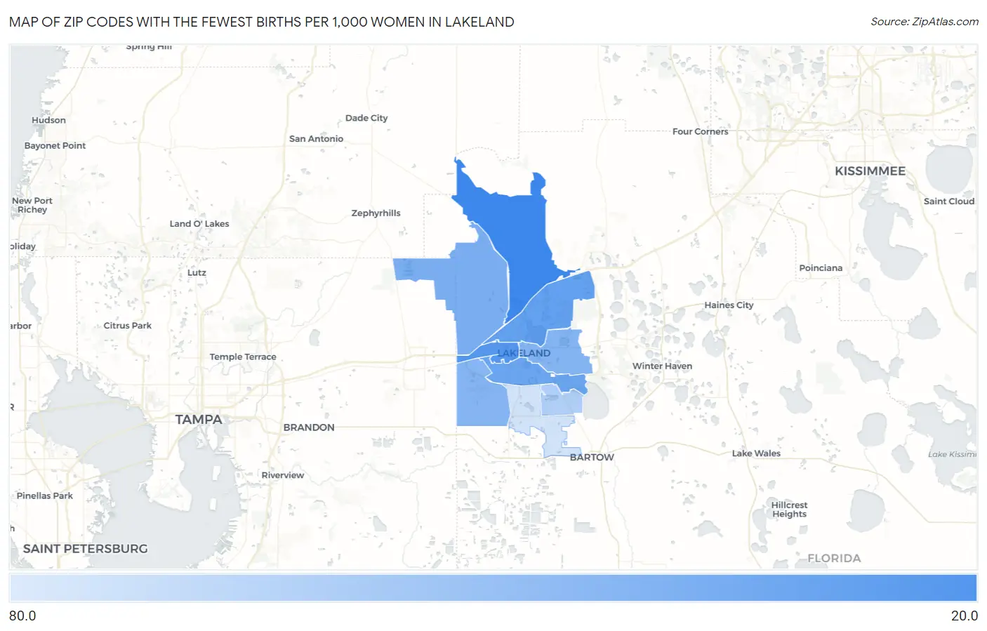 Zip Codes with the Fewest Births per 1,000 Women in Lakeland Map