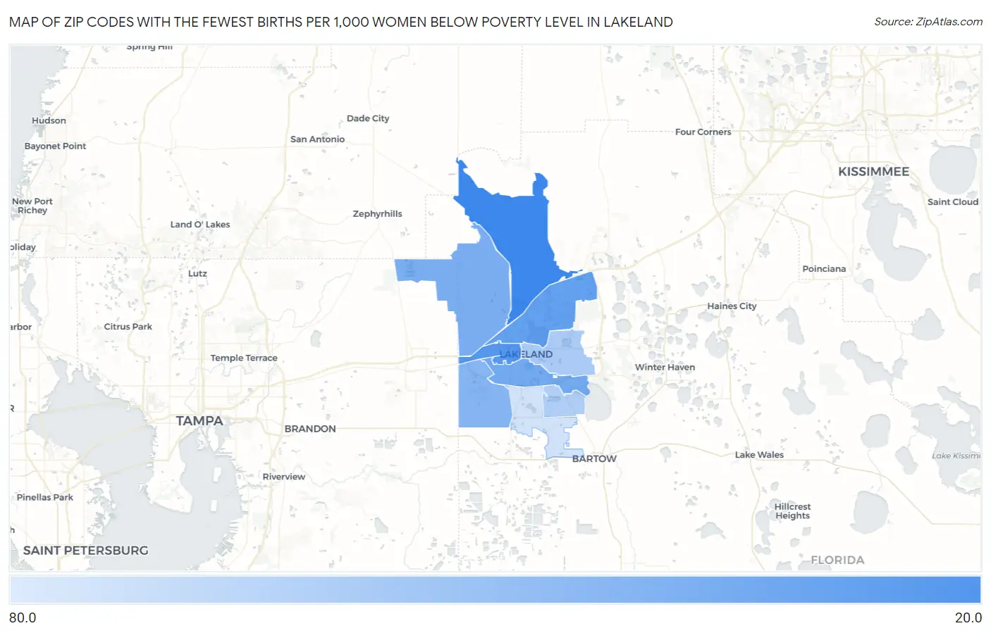 Zip Codes with the Fewest Births per 1,000 Women Below Poverty Level in Lakeland Map