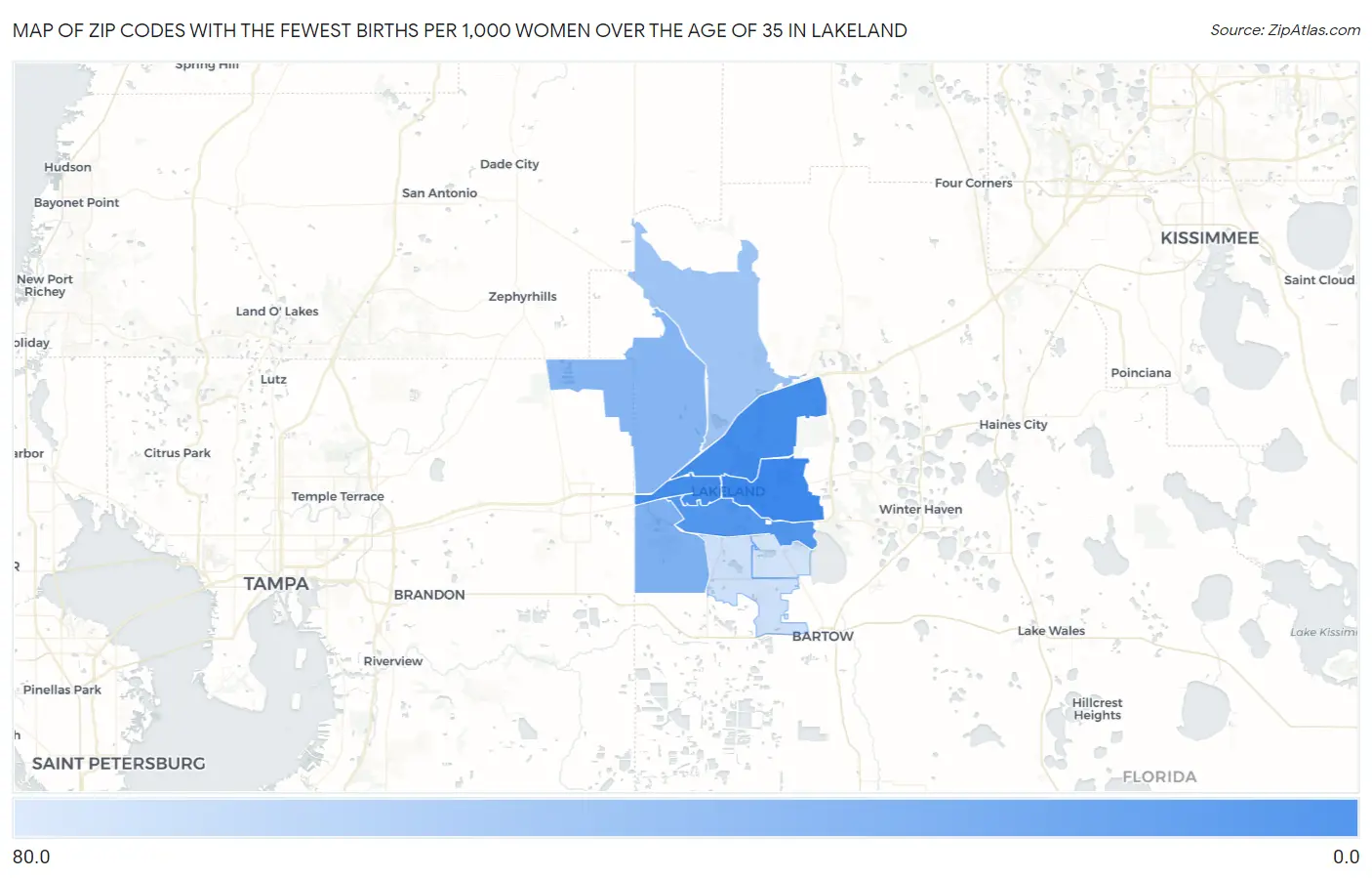 Zip Codes with the Fewest Births per 1,000 Women Over the Age of 35 in Lakeland Map